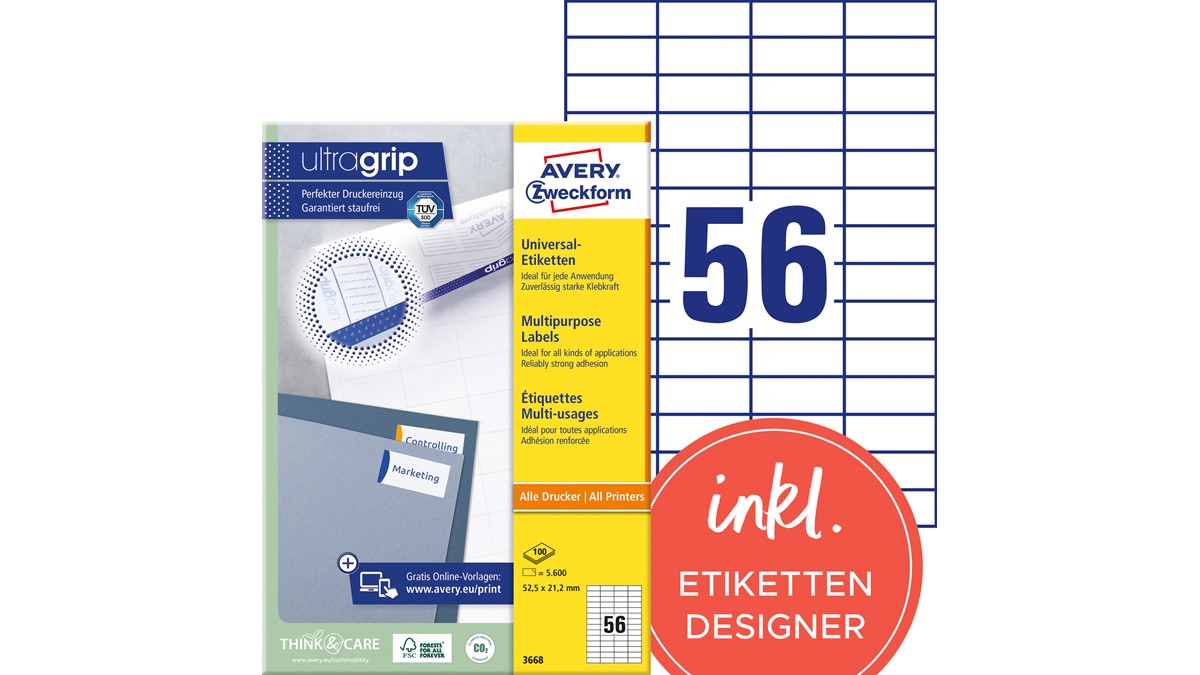 Avery Zweckform 3668 Universal-Etiketten, 52,5 X 21,2 Mm, Weiß